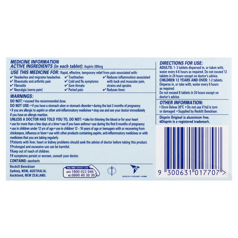 Disprin Original 300mg 24 Tablets | Fast, Effective & Dispersible-Reckitt Benckiser-Matakana Pharmacy