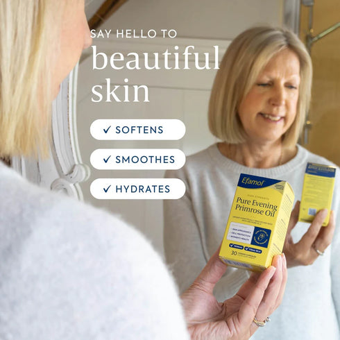 Woman holding a box of Efamol Pure Evening Primrose Oil with text about skin benefits.