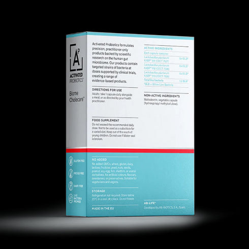 Supplement packaging with text and branding on a white background