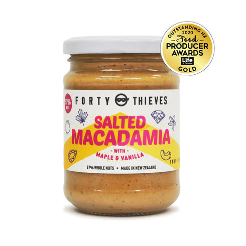 Salted Macadamia with Maple & Vanilla Bean 235g, front of the jar