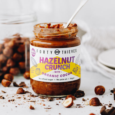 Hazelnut Crunch with Organic Cocoa 235g, label showing the ingredients and nutrition panel