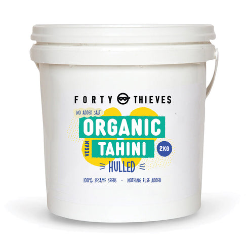 Organic Tahini Hulled 2kg Catering Pail, front of the catering pail