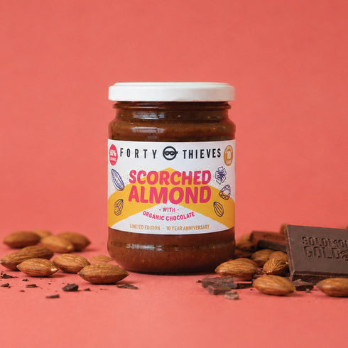 Scorched Almond with Organic Cocoa 235g, label showing the ingredients and nutrition panel