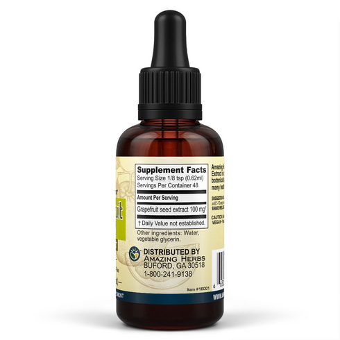 Image of the side of the glass bottle of Grapefruit Seed Liquid Extract 30ml. this shows supplement facts