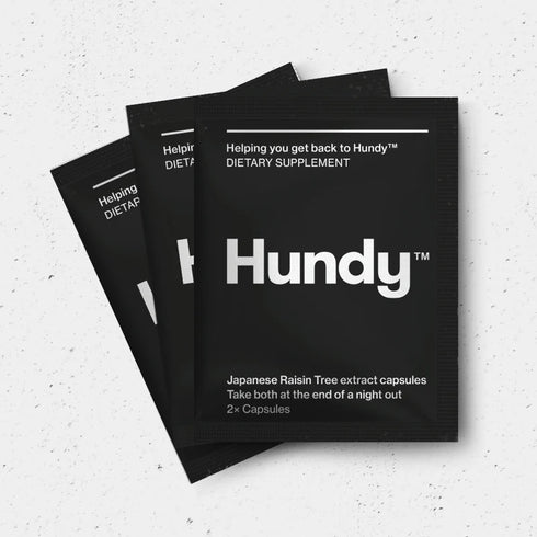 Image of 3 sachets of hundy showing they are black coloured with 2 capsules per sachet