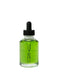 Green liquid dropper bottle with black cap on a light gray background
