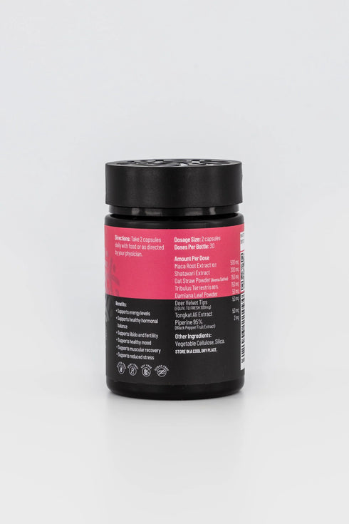 Image of the back of the bottle of Her Vigour 60caps showing dosage and ingredients