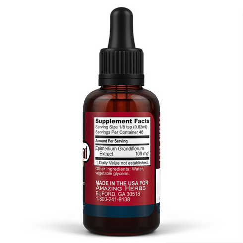 Image of supplement facts on the side of the bottle of Horny Goat Express Liquid Extract 30ml