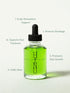 Green hair serum bottle with black dropper on a white background, featuring text about hair care benefits.