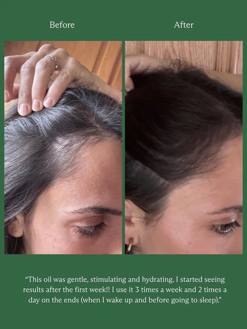 Before and after comparison of hair treatment on a person's head with text about product effectiveness.
