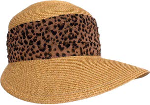 Image of the Lismore visor hat in natural colour with a dark brown cheetah print design ribbon around it