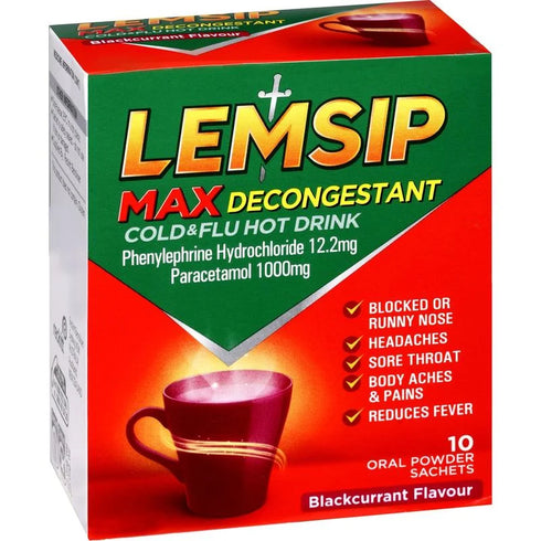 Lemsip MAX Cold & Flu with Decongestant Hot Drink | Blackcurrant 10 Pack-Lemsip-Matakana Pharmacy
