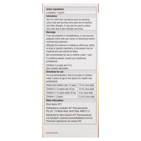 Lorapaed Non Drowsy Antihistamine Oral Liquid For Kids 150ml-AFT Pharmaceuticals-Matakana Pharmacy