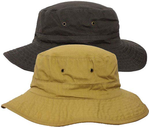 Image of the tradie bucket hat in coal in the background and clay in the foreground