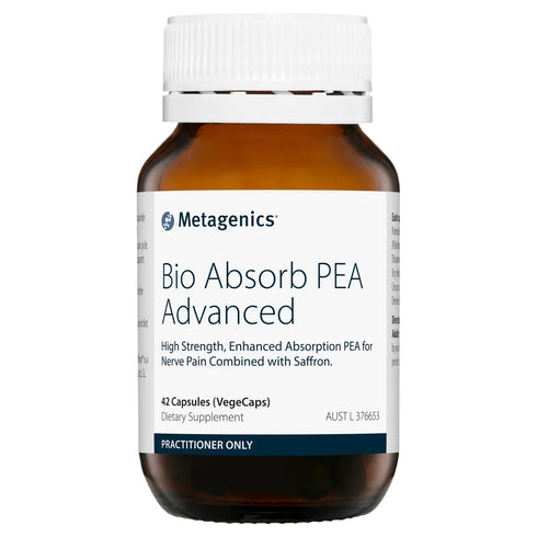 Image of the bottle of PEA advanced by Metagenics. The bottle is brown glass with a white label and white plastic lid.