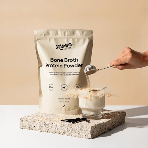 Image of Bone Broth Protein Vanilla Powder 500g made into drink