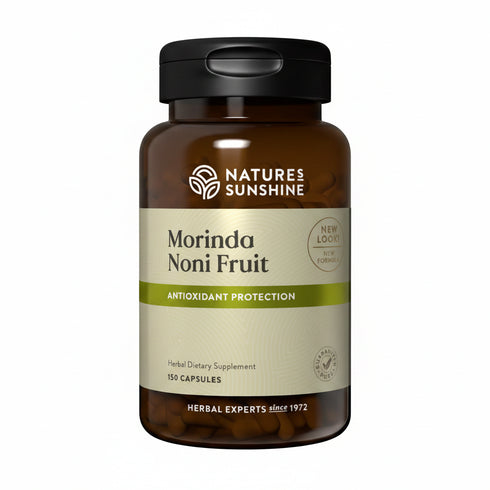 A bottle of Nature's Sunshine Morinda Noni Fruit herbal dietary supplement, 110 capsules, featuring a dark amber bottle, black cap, and a cream-colored label with green accents.