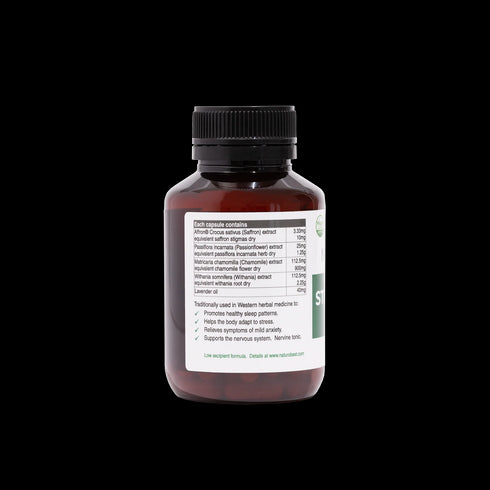 image of ingredients in Stress & Sleep PM Formula. These include Saffron extract, passionflower extract, chamomile extract and others