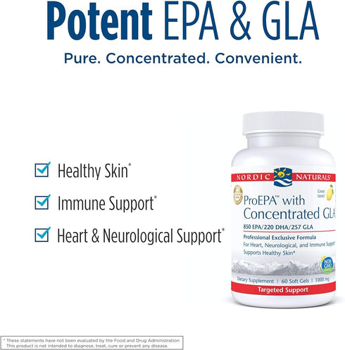 image showing the benefits of taking Pro EPA with GLA. Benefits include supporting healthy skin, immune support and heart and neurological support.