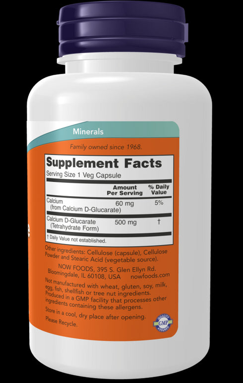 Image of the side of the bottle of NOW Calcium D-Glucarate 500mg 90vcaps showing the supplement facts
