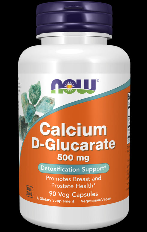 Image of NOW Calcium D-Glucarate 500mg 90vcaps bottle. It is white and orange.