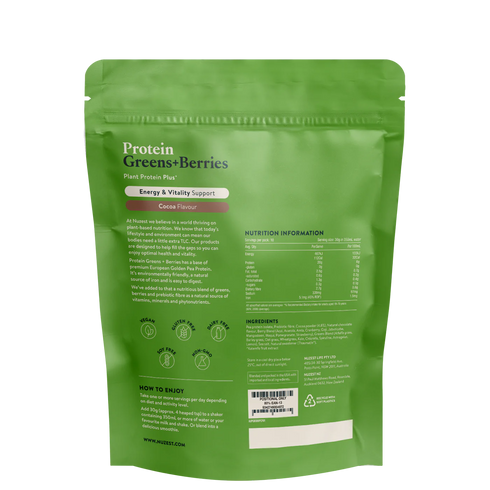 NUZEST Protein, Greens + Berries Cocoa 300g-Matakana Pharmacy