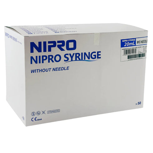 Image of 20 ml syringe without needle. Box of 50