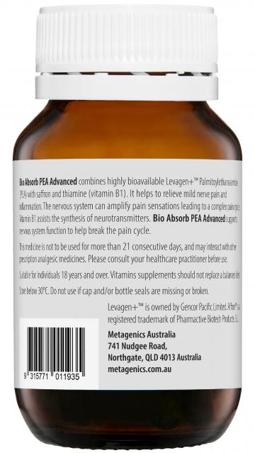 Image showing back of the bottle. Text reads how PEA advanced is a superior formula due to high absorption and added saffron extract