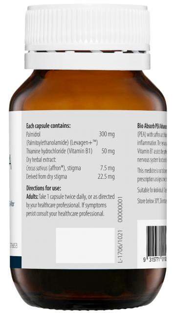 Side of the bottle showing the ingredients and dosage instructions for PEA advanced by Metagenics