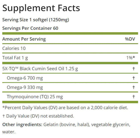 Image of ingredients in Black Seed Oil Premium 1250mg 60sgcaps
