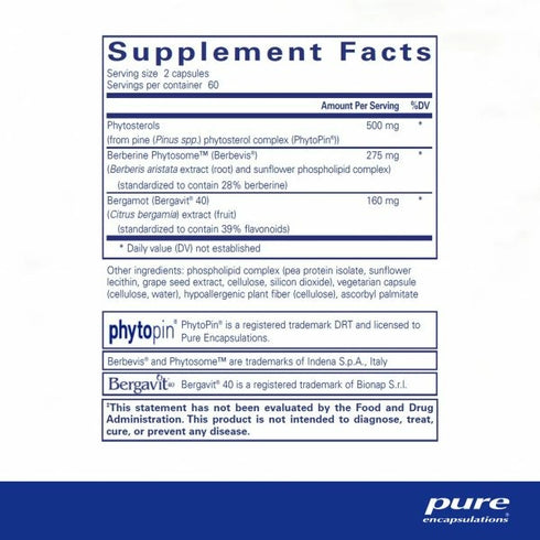 Image of the ingredient list in the cholestepure plus. Contains Phytosterols, Bergamot & Berberine to support healthy cholesterol levels.