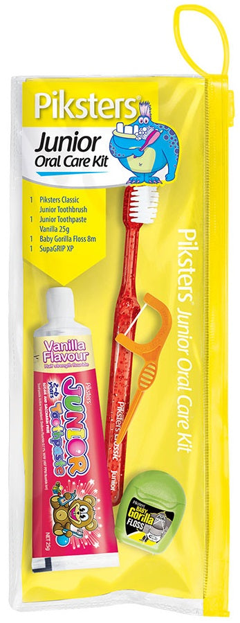 Image of PIKSTERS Basic Oral Care Kit Junior. Contains a toothbrush, mini floss, dental floss pick and a tube of jr toothpaste