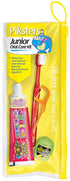 Image of PIKSTERS Basic Oral Care Kit Junior. Contains a toothbrush, mini floss, dental floss pick and a tube of jr toothpaste