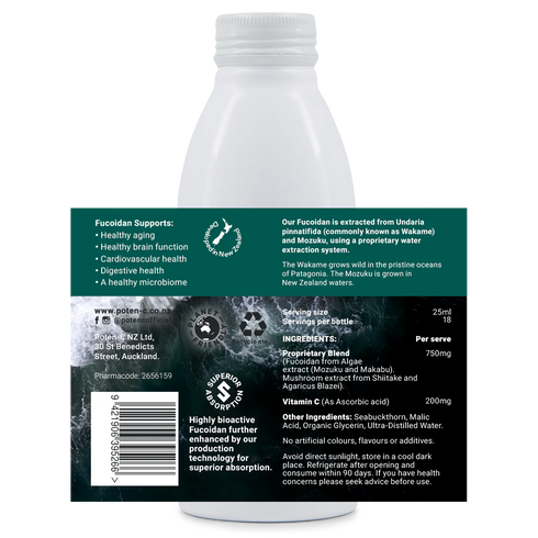 Image of the label that wraps around the bottle of Poten-C Superdose Fucoidan + Mushroom 750mg 450ml