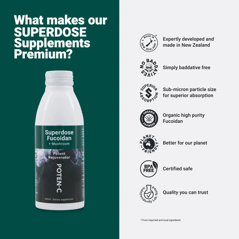 Image of benefits of Poten-C Superdose Fucoidan + Mushroom 750mg 75ml
