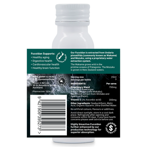 Image of the label that wraps around the bottle of Poten-C Superdose Fucoidan + Mushroom 750mg 75ml