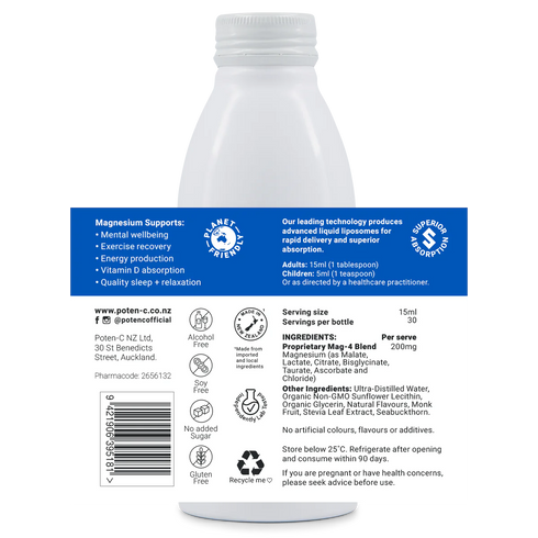 Image of the label that wraps around the bottle of Poten-C Superdose Liposomal Magnesium 200mg Mag-7 Complex 450ml