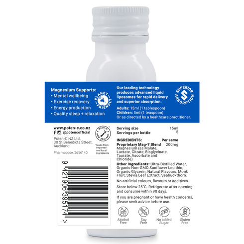 Image of the label that wraps around the bottle of Poten-C Superdose Liposomal Magnesium 200mg Mag-7 Complex 75ml