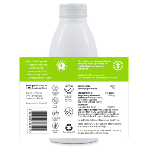 Image of the label that wraps around the bottle of Poten-C Superdose Liposomal Quercetin 250mg 450ml