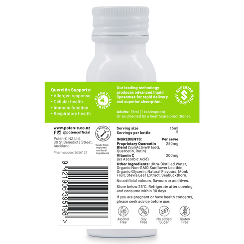 Image of label that goes on the bottle of Poten-C Superdose Liposomal Quercetin 250mg 75ml