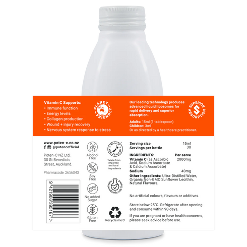 Image of the label around the bottle of Poten-C Superdose Liposomal Vitamin C 1000mg 450ml