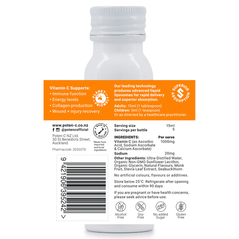 Image of label on the bottle of Poten-C Superdose Liposomal Vitamin C 1000mg 75ml