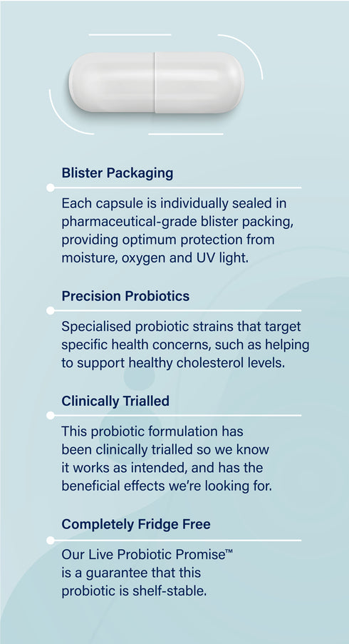 Capsule with text detailing its features on a light blue background