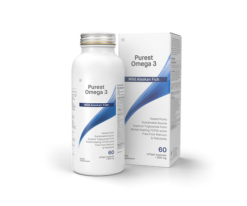 Image of white and blue box and bottle of Purest Omega 3 - Wild Alaskan Fish - 1000mg 60sgcaps