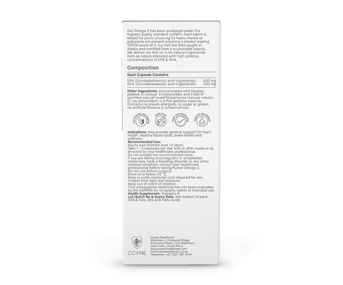 Image of the back of the box of Purest Omega 3 - Wild Alaskan Fish - 1000mg 60sgcaps