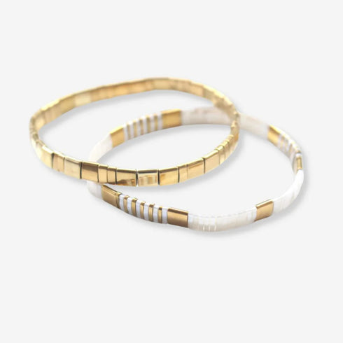 Glass Bead Duo Bracelet - White & Gold Petite-Queen Of The Foxes-Matakana Pharmacy