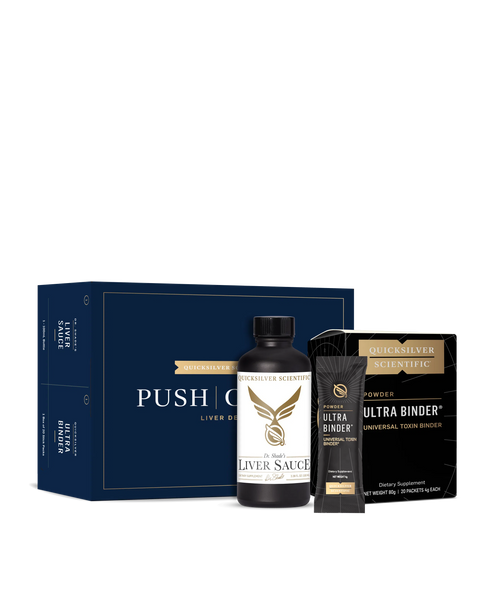 image of the supplements included in the quicksilver scientific push catch liver detox programme. Supplements shown include Liver Sauce and Ultra Binder both by quicksilver scientific.