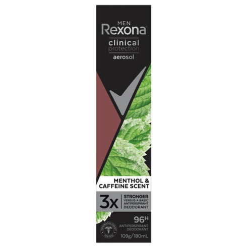 Image of Rexona Men Menthol & Caffeine Clinical Protection Antiperspirant Deodorant helps you stay fresh and dry for up to 96 hours with 3x stronger protection from sweat and odour versus a basic antiperspirant.