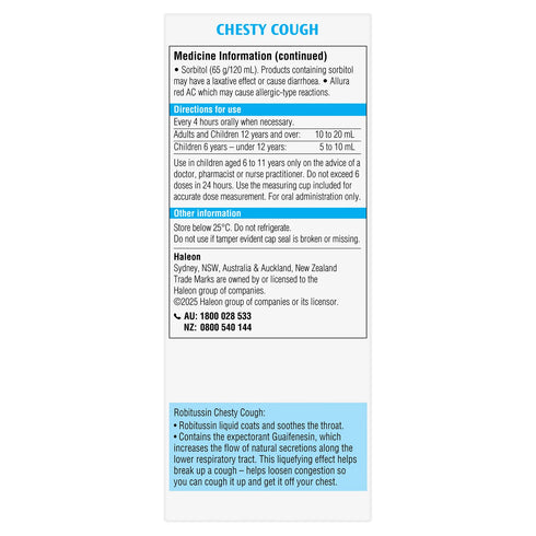 Medicine information label for Chesty Cough on a white background