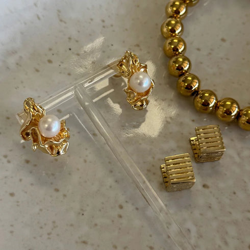 Earrings - Ruched Pearl Gold-Queen Of The Foxes-Matakana Pharmacy